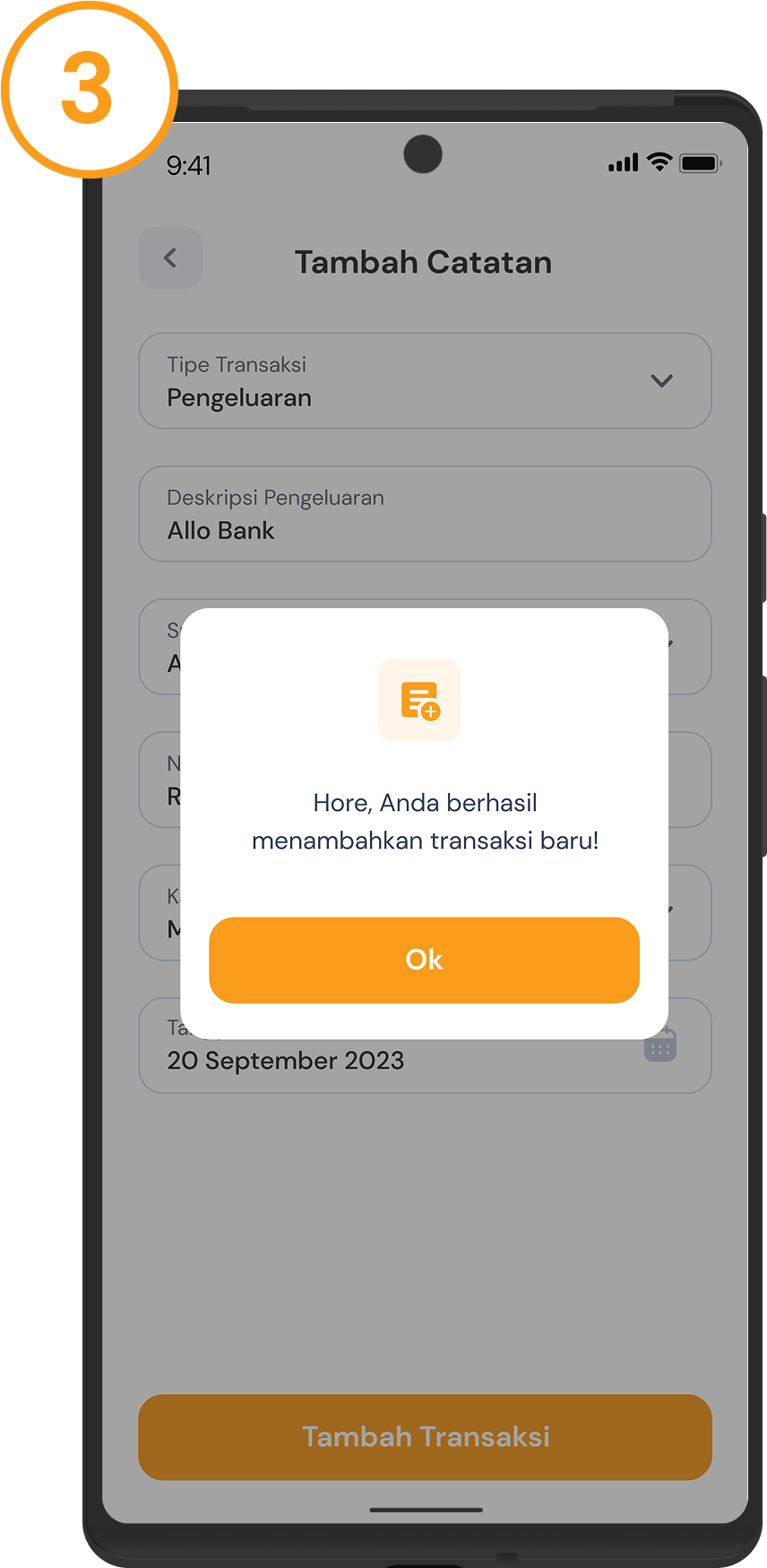 <p>Yay! catatan transaksi berhasil ditambahkan pada proporsi pemasukan/pengeluaran Anda</p>